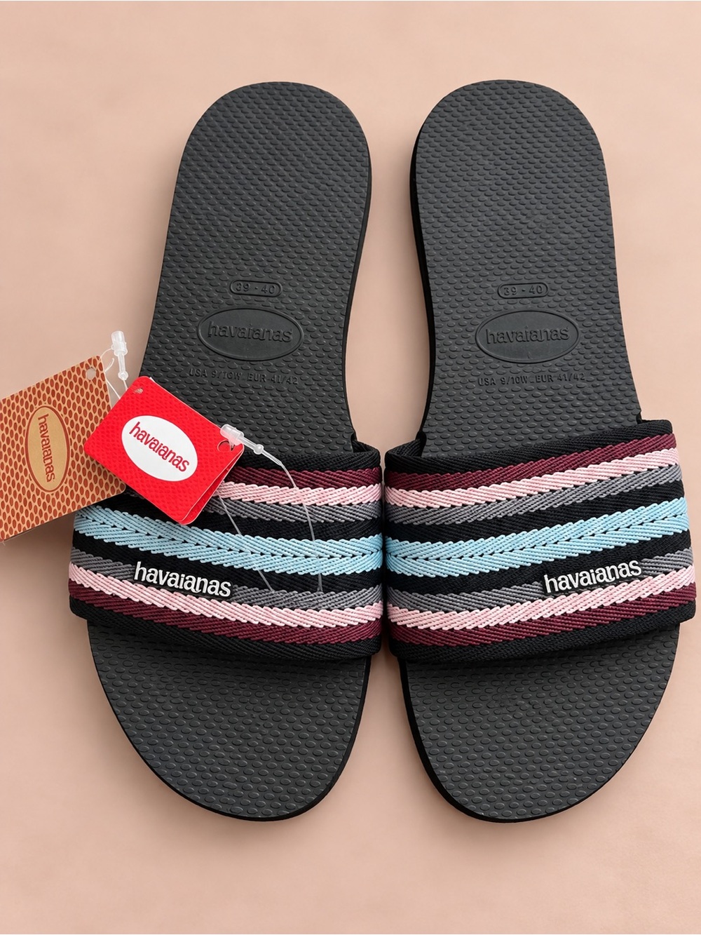 Havaianas Women’s Black Slide Sandals with Multicolor Striped Fabric Strap
